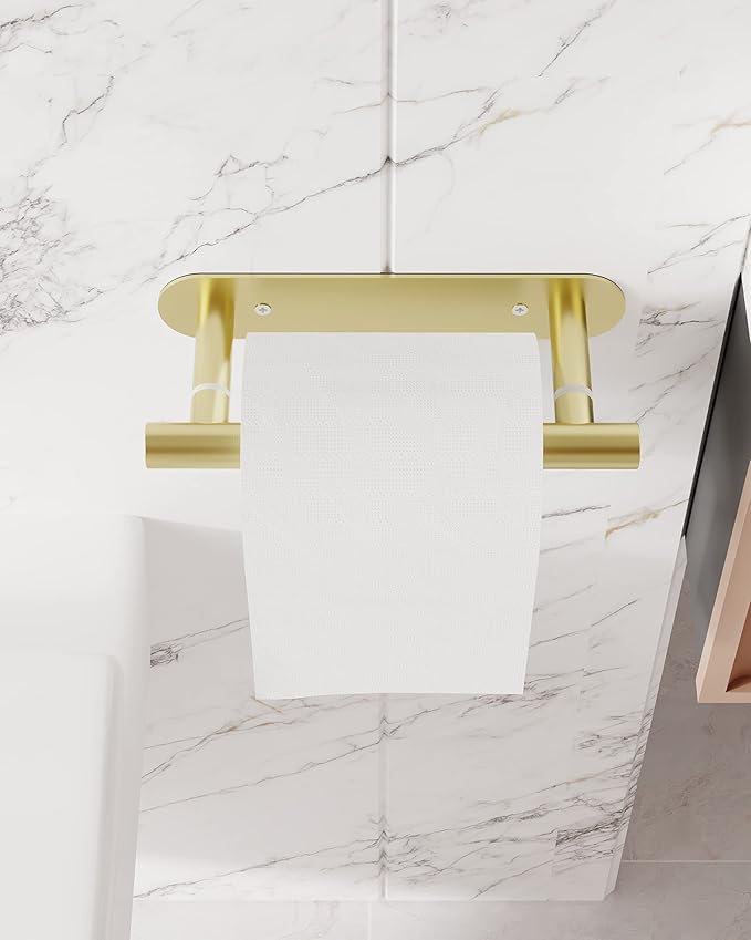 RUACQ Toilet Paper Holder, Self-Adhesive or Wall Mount, SUS304 Stainless Steel Rustproof Stick on Toilet Paper Roll Holder, No Drilling Bathroom Tissue Holder, Modern Pivoting Design (Brushed Gold)