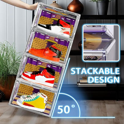 DAYOOH 10 Pack Acrylic Shoe Box Size 14, Transparent Basketball Sneaker Case Shoe Orgainizer Storage Bins Clear Plastic Stackable Handbag Purse Hats Organizer Containers with Lids