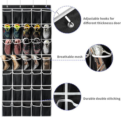 35 Pockets Over the Door Shoe Organizer, Hanging Shoe Organizer for Door with 35 Mesh Pockets Large Capacity Shoe Hanging Storage Bag with 4 Metal Hooks (Black-1Pack)