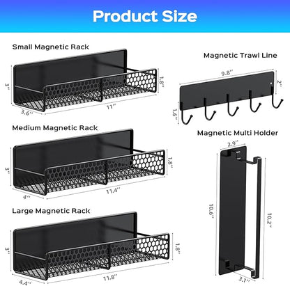 STON ELDER 5 Pack Magnetic Shelves for Washing Machine, Magnetic Spice Racks for Refrigerator, Laundry Organizer with Hooks, Hanger Organizer Stacker, Magnetic Hanger Holder, Utility Room, Kitchen