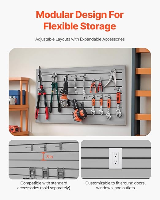 VEVOR Slat Wall Paneling, 2 x 4 ft, PVC Garage Slatwall with Modular Design, Grey Slat Wall Easy-to-Install Adjustable Slatwall Panel with Coupling Structure & DIY Cutting, Fits for Storage & Display