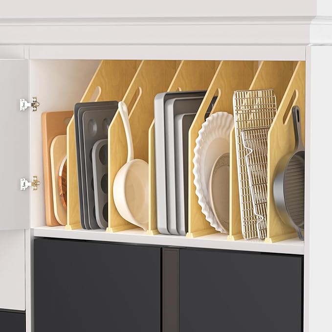 sandpaint 6 Pack Wood Tray Dividers for Cabinet, Cookie Sheet Organizer for Cabinets, No-Cut Kitchen Cabinet Dividers, Cookie Trays for Kitchen, Utility Rooms, Pantry Storage