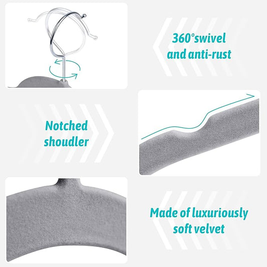 Sishynio Premium Velvet Shirt Hangers 30 Pack, Space-Saving Non-Slip Felt Hanger with 360° Swivel Hook, Slim Flocked Hangers for Strappy Dresses, Blouses, Tank Tops(Grey)