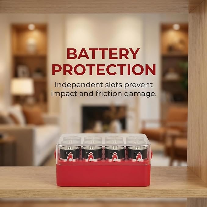 ALCYON Battery Organizer Storage Case, Battery Vault Box Container for 12pcs D Batteries, Plastic Clear Protective Battery Holder for Travelling/Home/Office (Red, Large)