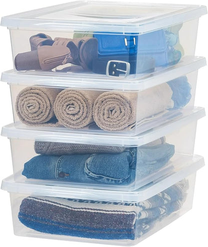 4-Pack Clear 28 Qt. Underbed Plastic Storage Bins with Snap-On Lids & Built-in Side Handles - Stackable, Lightweight, Easy to Carry for Underbed, Closets, Shelves, Pantries