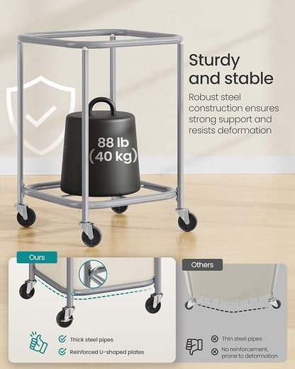 SONGMICS 45-Gallon (170 L) Laundry Basket with Wheels, Rolling Square Heavy-Duty Laundry Hamper Cart with Steel Frame and Removable Bag, 2 Locking Wheels, Cream White and Metallic Silver URLS015WD01