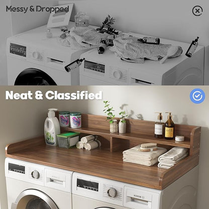 2-Tier Washer and Dryer Countertop with 2.75" H Guard,54" W x 27.5" D Laundry Countertop Cover with Non-Slip Pad,Large Space Laundry Topper for Folding Clothes Over Washer and Dryer-Dark Walnut