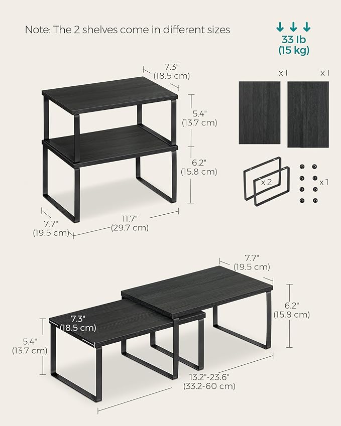 SONGMICS Cabinet Organizer Shelf, Set of 4 Kitchen Counter Shelves, Kitchen Storage, Spice Rack, Stackable, Expandable, Metal and Engineered Wood, Ink Black and Ebony Black UKCS027B01