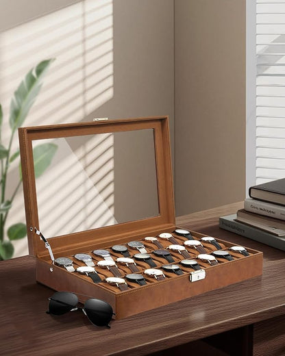 Uten 24-Slot Watch Box, PU Leather Watch Case with Glass Lid, Watch Holder Organizer with Soft Pillow and Velvet Lining, Watch and Jewelry Storage Box, Brown
