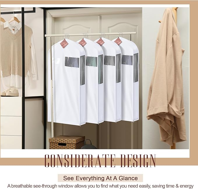 2 Sets 40 Inch Short Cotton Garment Bags, Breathable Hanging Clothes Covers with Card Pocket & Mesh Viewing Window, 8 Cedar Blocks for Suits, Sweaters, Fur Coats, Short Dresses, 6 Inch Wide