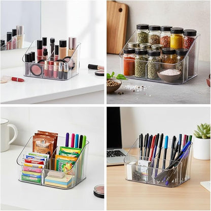 Remote Control Holder, Clear Plastic Remote Caddy for Desk and Nightstand Storage, Space-Saving Desk Organizer with See-Through Design for Living Room and Desk Accessories, 5 Compartments