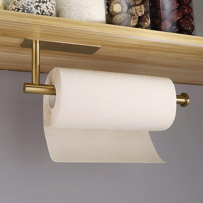 Paper Towel Holder Under Cabinet Wall Mount Paper Towel Holder Adhensive SUS304 Stainless Steel Kitchen Towel Holder Rack Hanging Paper Holder for Kitchen Bathroom Organizer(1,Gold)