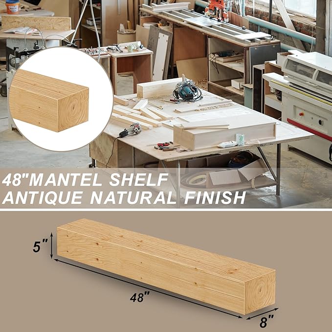 ROOMTEC 48"W x 8"D x 5"H Rustic Wood Floating Fireplace Mantel Shelf, 1 Shelf, Country Rustic Style, Wall Mount, Pine & Oak, Handcrafted, Water Resistant