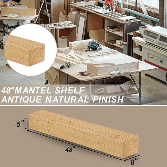 ROOMTEC 48"W x 8"D x 5"H Rustic Wood Floating Fireplace Mantel Shelf, 1 Shelf, Country Rustic Style, Wall Mount, Pine & Oak, Handcrafted, Water Resistant