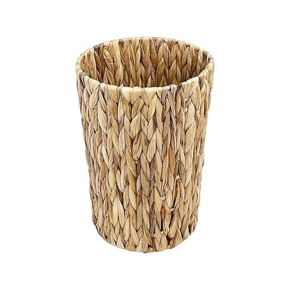 Water Hyacinth Wicker Trash Can, Handwoven Natural Fiber Waste Basket, Small Boho Decorative Garbage Bin for Bathroom, Bedroom, Office, 7.5"×6.5"×11"