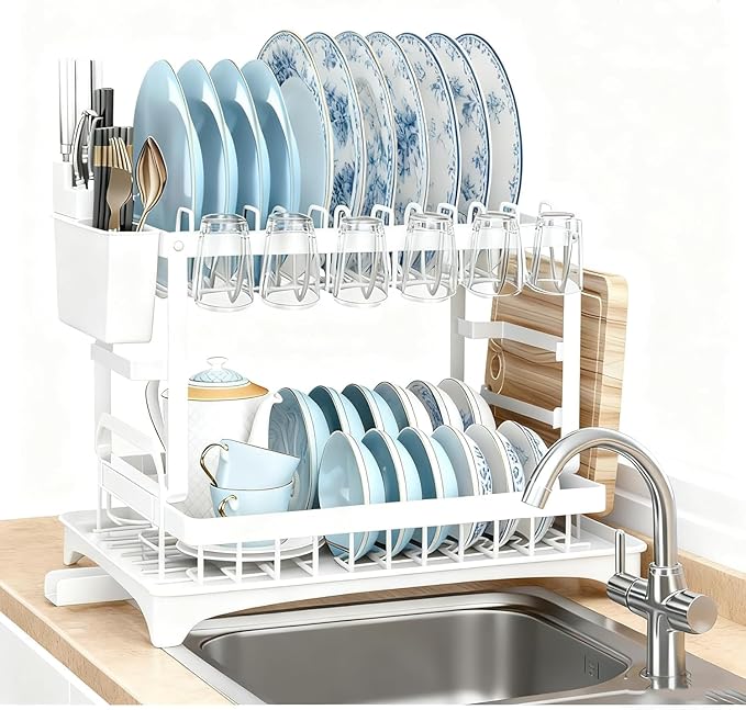 2-Tier Dish Drying Rack for Kitchen Counter - Space-Saving Dish Drainer with Extendable Drainboard, Removable Cutlery Holder, Cup & Knife Slots, Multifunctional Plate & Bowl Organizer (White)