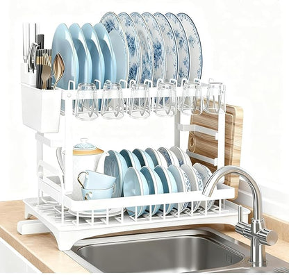 2-Tier Dish Drying Rack for Kitchen Counter - Space-Saving Dish Drainer with Extendable Drainboard, Removable Cutlery Holder, Cup & Knife Slots, Multifunctional Plate & Bowl Organizer (White)