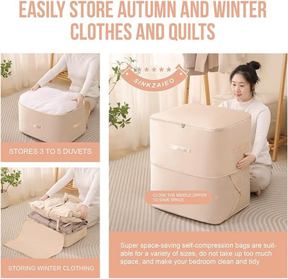 Ultra Space Saving Self Compression Organizer,Packing Cubes,Waterproof And Moisture-Proof,High Capacity,For Blankets Clothes Duvet Comforter（Apricot 21.2 * 16.2 * 11.8 In-2pcs）