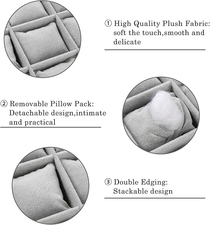 Polmart Stackable 12-Grid Jewelry Tray with Pillow, Gray Velvet (2-Pack)