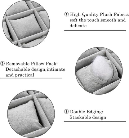 Polmart Stackable 12-Grid Jewelry Tray with Pillow, Gray Velvet (2-Pack)