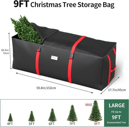 Christmas Tree Storage Bag, Fits Up to 9 Ft Artificial Christmas Tree with Buckle Straps & Dual Zippers & Handles, 600D PVC Durable Waterproof Material Protects from Dust (Black)
