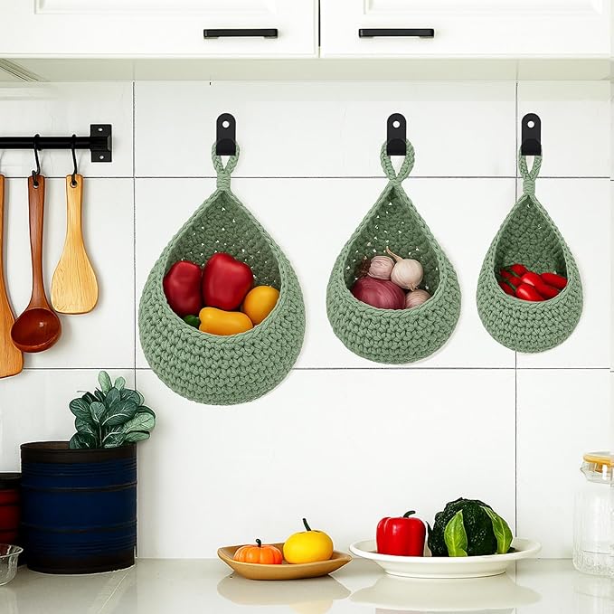 Honeydak Boho Decor Hanging Wall Baskets for Kitchen 3 Pack Teardrop Baskets with Hooks Storage Fruit Onion Vegetable Potato for Home 3 Sizes(Light Green,Cotton Rope)