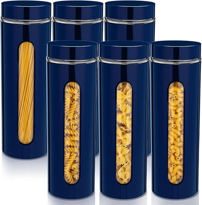 Mimorou 6 Pack Kitchen Canisters Set Airtight Coffee Sugar Tea Storage Jars with Window Glass Stainless Steel Containers with Lids for Flour Cookies Spices Grains Kitchen Decorations(Navy Blue,60 oz)