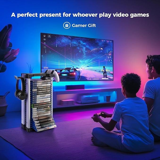 ASFSKY Video Game Storage Tower - 24 Games Holder Stand with 2 Controller Hooks Universal Video Game Organizer Compatible with PS5, PS4, Xbox & Switch Games (23Pcs)