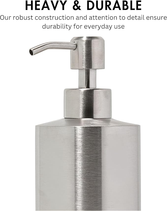 Yew Design Silver Soap Dispenser Stainless Steel for Bathroom and Kitchen Sink, 15oz Refillable Round Rustproof Hand Dish Soap Dispenser Pump for Detergent, Lotion, and Countertop