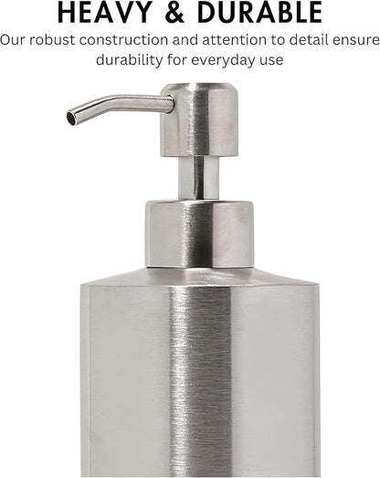 Yew Design Silver Soap Dispenser Stainless Steel for Bathroom and Kitchen Sink, 15oz Refillable Round Rustproof Hand Dish Soap Dispenser Pump for Detergent, Lotion, and Countertop