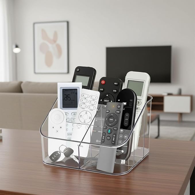 Remote Control Holder, Clear Plastic Remote Caddy for Desk and Nightstand Storage, Space-Saving Desk Organizer with See-Through Design for Living Room and Desk Accessories, 5 Compartments