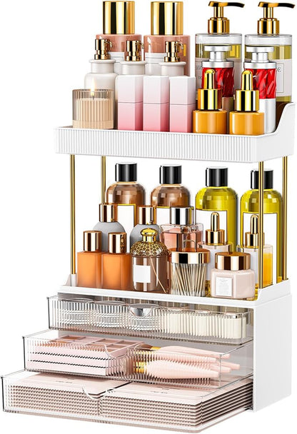 caktraie 5 Tiers Bathroom Counter Organizer - 3 Drawers Makeup Organizer, Cosmetic Storage Drawer for Dresser Countertop and Bathroom Vanity for Large Skincare, Perfume, Clear