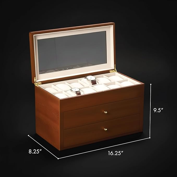 Bey-Berk Duke Cherry Wood Watch Box – 36 Slot Organizer with Glass Top, 2 Drawers & Velour Lining for Storage