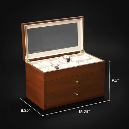 Bey-Berk Duke Cherry Wood Watch Box – 36 Slot Organizer with Glass Top, 2 Drawers & Velour Lining for Storage