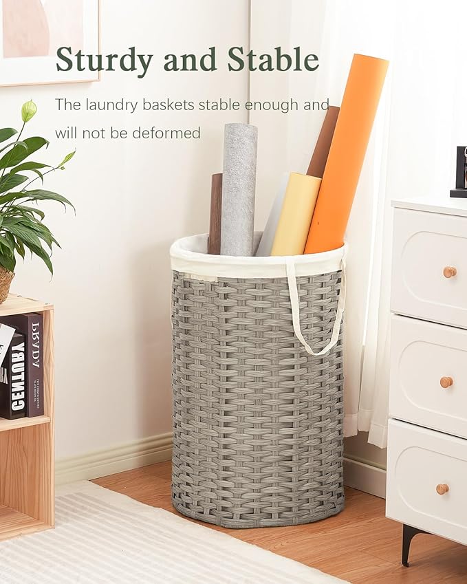 34.3 Gal (130 L) Large Laundry Hamper Laundry Basket Round Handwoven Wicker Laundry Baskets Rattan Laundry Basket with Removable Bag Handles 2 Mesh Bags for Living Room Bedroom Gray (No Lid)