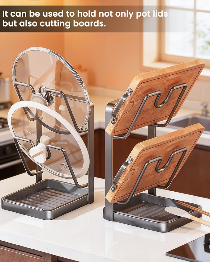 IENG Pot Lid Organizer Holder Rack for While Cooking Under Cabinet Crockpot Pan and Storage Crock Spoon Rest with Kitchen Top Double U-Shaped Slots Steel Countertop Counter Stainless Stand Drip Tray