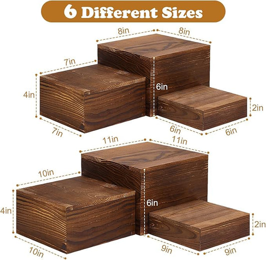 6 Pack Wooden Risers Display Stands Rustic Wood Cake & Cupcake Stands for Party Square Food Risers for Buffet Wooden Crates for Display Home Decor