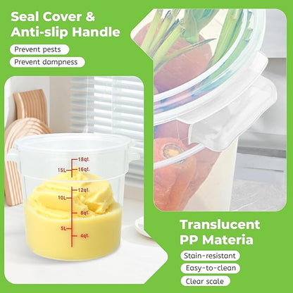 BIEAMA 4 Pack Round Food Storage Containers with Lids, 18Qt Translucent Commercial Food Container, Polypropylene, BPA Free, Includes Labels & Measuring Cups