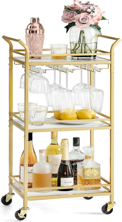 VASAGLE Bar Cart, Home Bar Serving Cart with 3 Tiers, Kitchen Shelf with Wine Rack, Glass Holders, for Small Spaces, Dining Room, Living Room, Pale Gold ULRC101A01