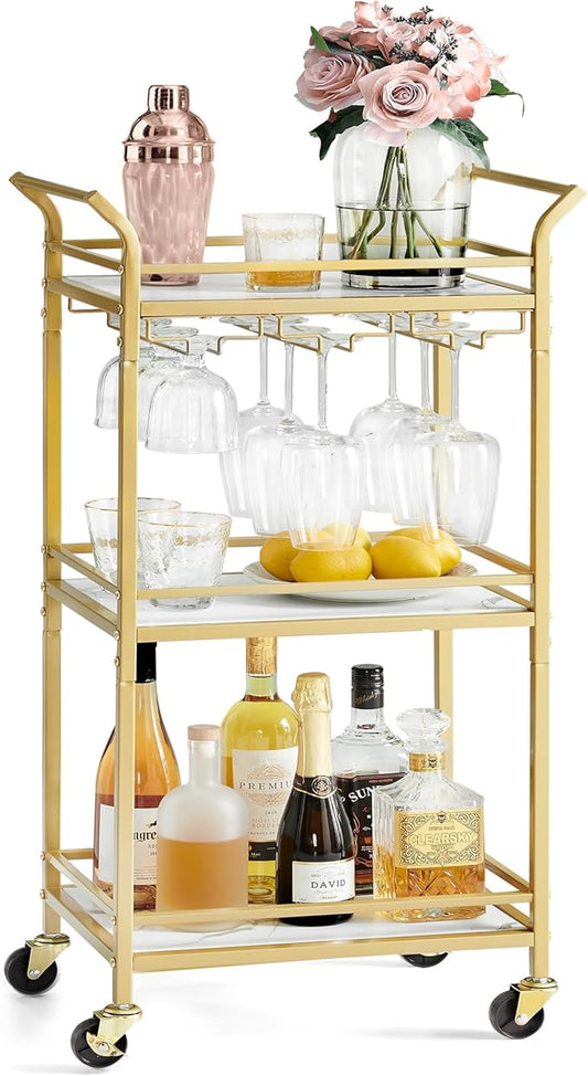 VASAGLE Bar Cart, Home Bar Serving Cart with 3 Tiers, Kitchen Shelf with Wine Rack, Glass Holders, for Small Spaces, Dining Room, Living Room, Pale Gold ULRC101A01