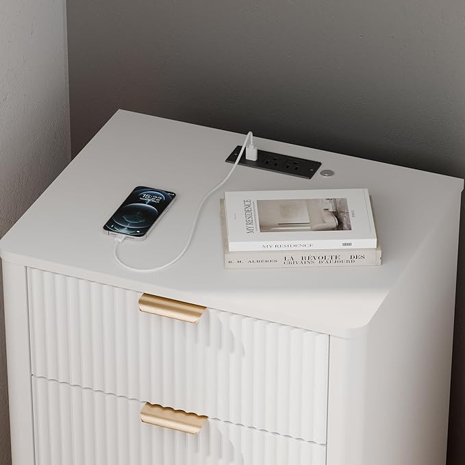 BONITURE Fluted Night Stand Set of 2, Curved Nightstands with Charging Station Lighting, Wood End Table with 3 Drawers, Modern Side Table Storage Cabinet for Bedroom Office,(2, White)