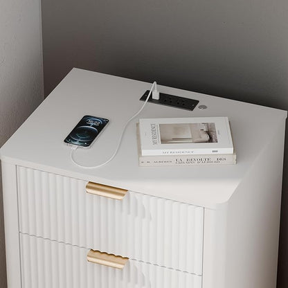 BONITURE Fluted Night Stand Set of 2, Curved Nightstands with Charging Station Lighting, Wood End Table with 3 Drawers, Modern Side Table Storage Cabinet for Bedroom Office,(2, White)