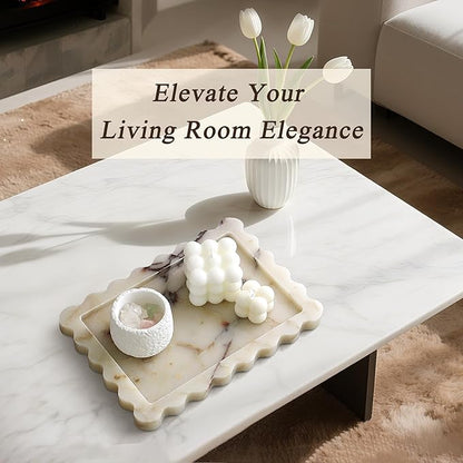 Real Natural Marble Tray, Luxury Scalloped Vanity Decorative Tray, Genuine Calacatta Gold Stone Tray for Bathroom Dresser, Home Decor, Kitchen Storage, Non-Resin/Ceramic, 10.6" x 8"