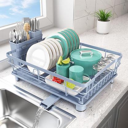 Ricobes Dish Drying Rack - Space Saving Dish Rack - Dish Racks for Kitchen Counter with Drainboard,Rustproof Dish Drainer with Removable Utensil Holder,Blue
