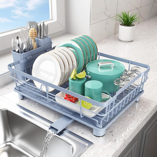Ricobes Dish Drying Rack - Space Saving Dish Rack - Dish Racks for Kitchen Counter with Drainboard,Rustproof Dish Drainer with Removable Utensil Holder,Blue