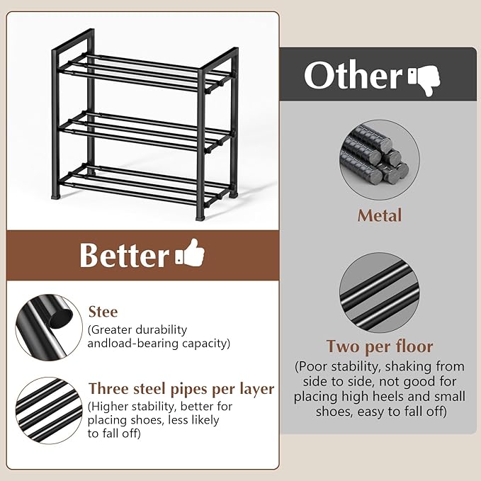 3-Tier Expandable Shoe Rack, 【17“-41“ 】Metal Shoe Shelf Organizer Storage, Adjustable Shoe Shelf Storage Organizer for Entryway/Closet, Space-Saving Shoes Shelfs for Large Families & Renters