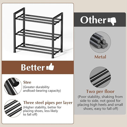 3-Tier Expandable Shoe Rack, 【17“-41“ 】Metal Shoe Shelf Organizer Storage, Adjustable Shoe Shelf Storage Organizer for Entryway/Closet, Space-Saving Shoes Shelfs for Large Families & Renters