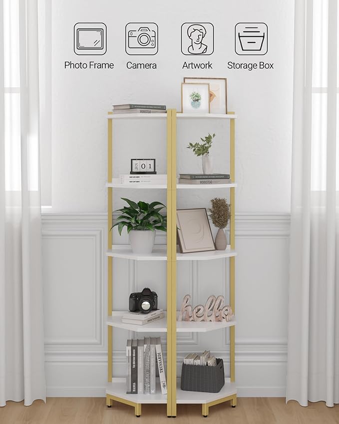 Corner Shelf Stand, Corner Bookshelf, Storage Standing Shelf Unit with Metal Frame, Plant Stand, Corner Bookcase for Living Room, Home Office, Bedroom, 5-Tier White Gold CS05903A