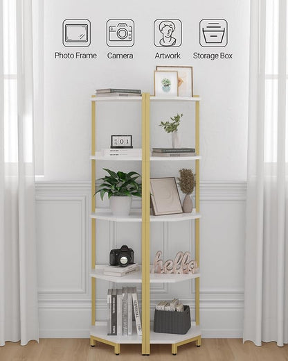 Corner Shelf Stand, Corner Bookshelf, Storage Standing Shelf Unit with Metal Frame, Plant Stand, Corner Bookcase for Living Room, Home Office, Bedroom, 5-Tier White Gold CS05903A