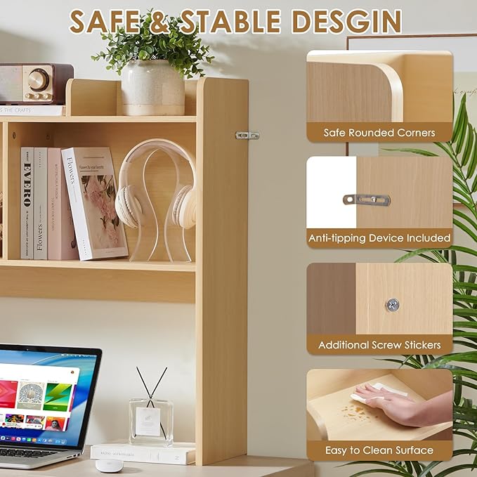 Desktop Bookshelf, Wooden Desk Storage Hutch with 5 Shelves, 3-Tier Desktop Display Organizer Rack for Office Home (Natural, 5 Shelves B)